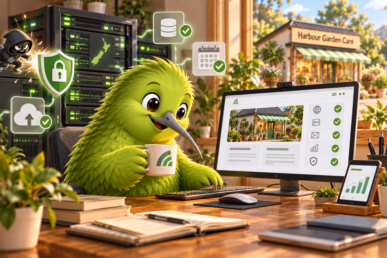 A kiwi at a desk with server racks, a security shield blocking a hooded hacker, and green checkmarks for backups, databases and monitoring