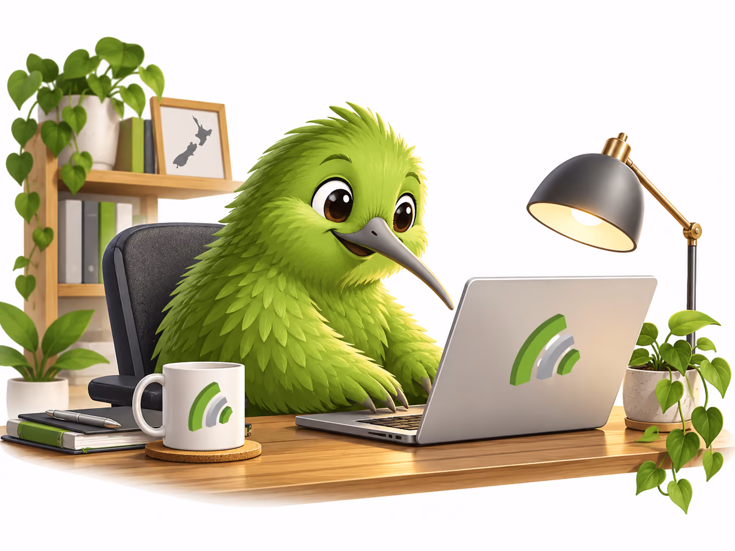 Anyware's friendly green kiwi mascot working on a laptop at a desk in a home office