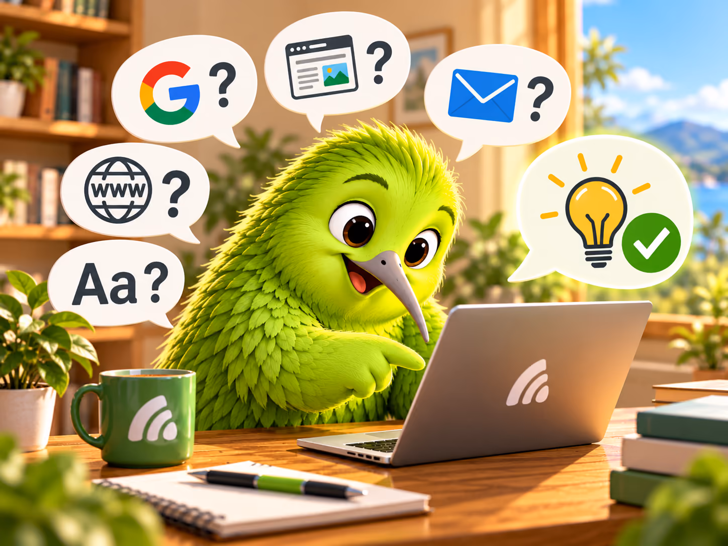A kiwi character at a laptop surrounded by common questions: Google, a webpage, email, a website address and spelling, answered with a lightbulb and a checkmark