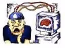 Cartoon of a man wired to a computer showing a brain