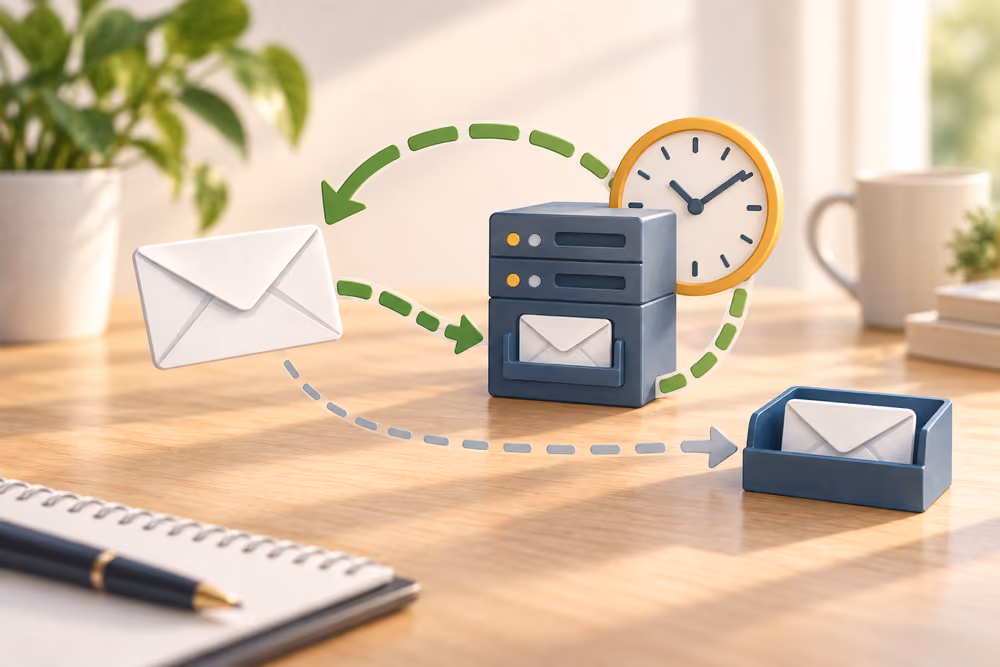 Illustration of an email held up on its way to the recipient