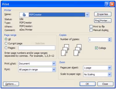 Print window with PDFCreator chosen as the printer
