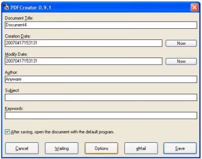PDFCreator window for naming and saving the PDF