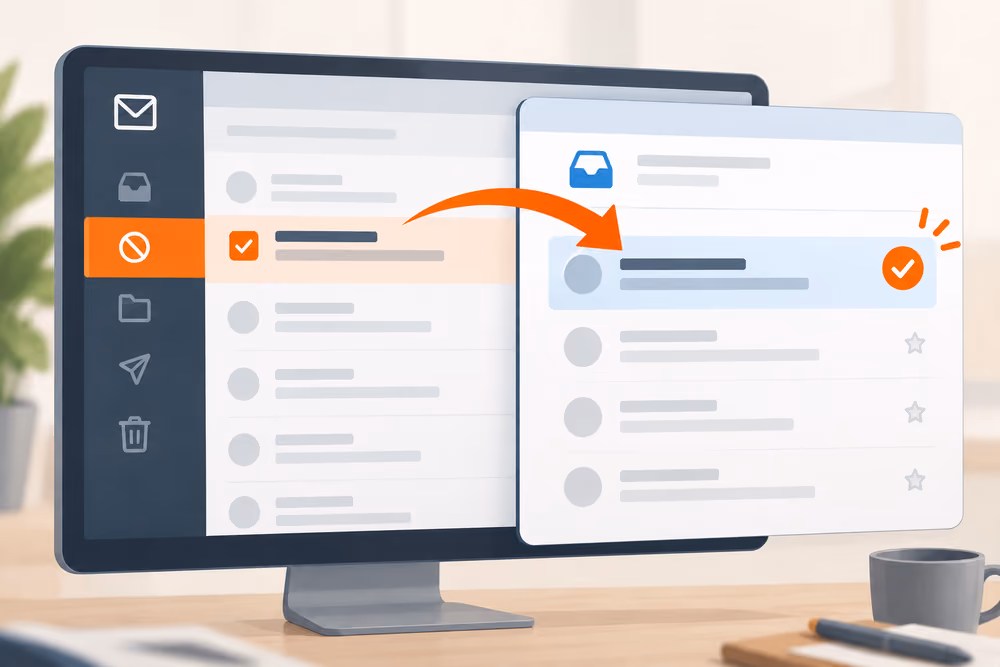 Illustration of an email being moved from the spam folder back into the inbox