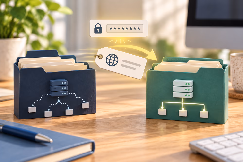 Illustration of a domain name moving between two hosting folders with its password