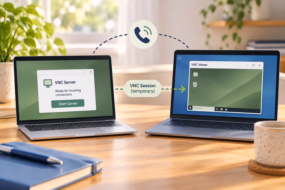 Illustration of one computer connecting to another for remote training